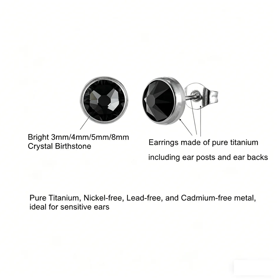 Orecchini Ipoallergenici in Titanio G23 per Uomo e Donna, con Cristalli Neri, 3mm 4mm 5mm 8mm