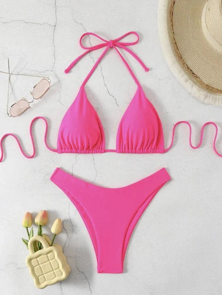 Costume da bagno bikini a perizoma da donna sexy, tinta unita bianco/nero/caffè, con laccetti, stile brasiliano, nuovo, in doppio tessuto, per la spiaggia