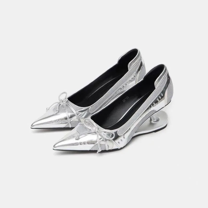Special Heel Spliced Heels Pointed Toe Heels Women's Fashion Shallow Mouth Bow Non-Slip Mary Jane Single Shoes