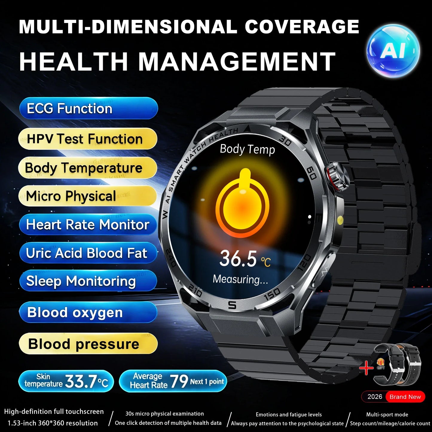 Nuovo Smartwatch 2026 con Analisi del Grasso Corporeo ECG+PPG, Acido Urico, Pressione Sanguigna, Ossigeno nel Sangue, Chiamate Bluetooth, Orologio Sportivo Intelligente per Uomini e Donne