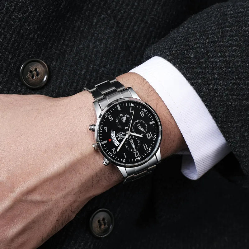 Orologio da uomo di lusso da 1 pezzo, calendario aziendale alla moda, orologio da cintura in acciaio da uomo, regalo di Natale per San Valentino