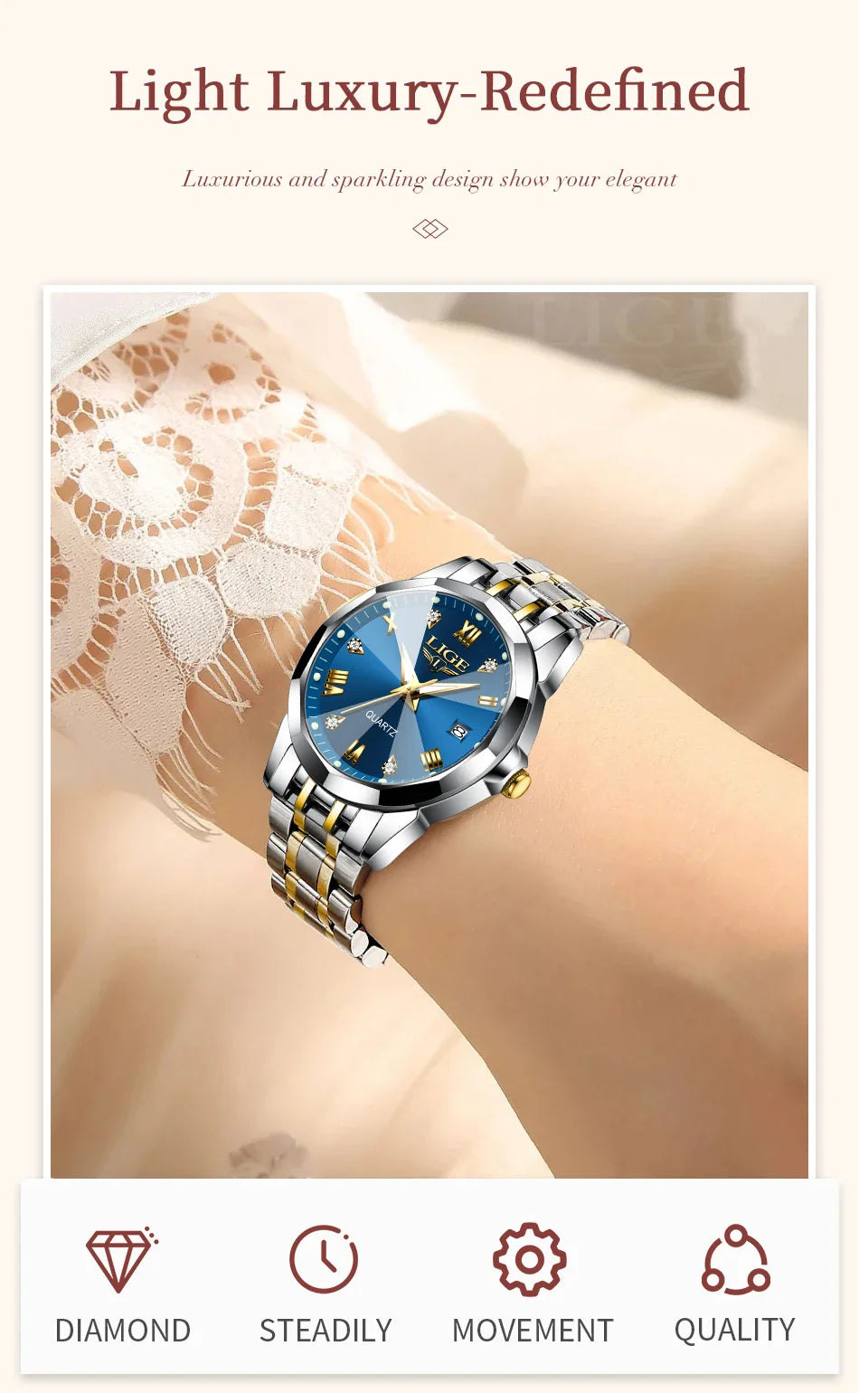 LIGE Elegante Orologio da Polso da Donna Ultrasottile in Stile Nordico Semplice con Movimento al Quarzo, Bracciale in Acciaio Inossidabile alla Moda
