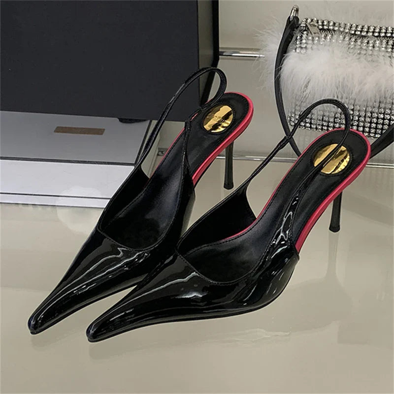 Eilyken Spring Fashion Sexy Thin Heels Pointed Toe Pumps Women Mule Shoes Elegant Patent Leather Banquet Striptease Sandals