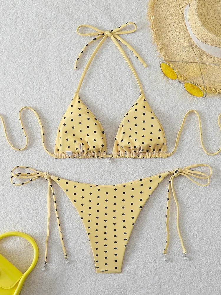Bikini di Tendenza 2026, Costume da Bagno Sexy con Perle, Micro Bikini a Pois, Abbigliamento da Spiaggia per Donna