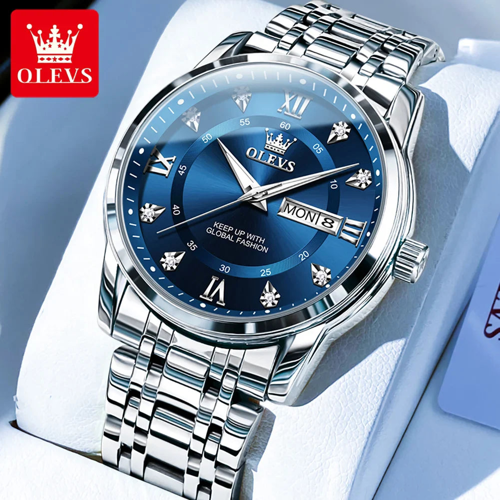 OLEVS 5513 Orologio da uomo Orologio luminoso impermeabile al quarzo originale di marca di moda per uomo Scatola per orologio con doppio calendario in acciaio inossidabile