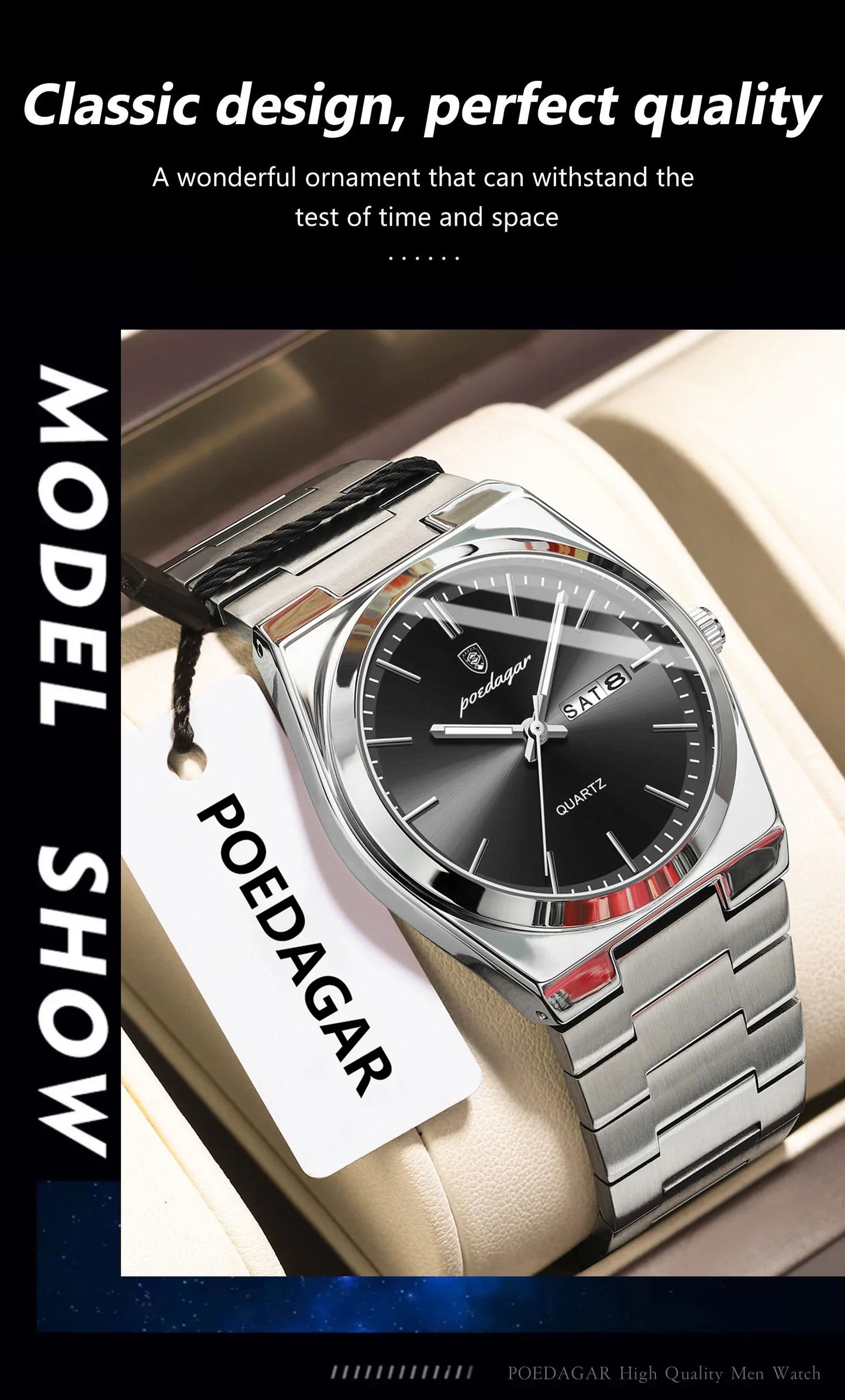 POEDAGAR Orologio da polso al quarzo da uomo di lusso Impermeabile luminoso Data Settimana Orologio da uomo Orologi da uomo d'affari in acciaio inossidabile