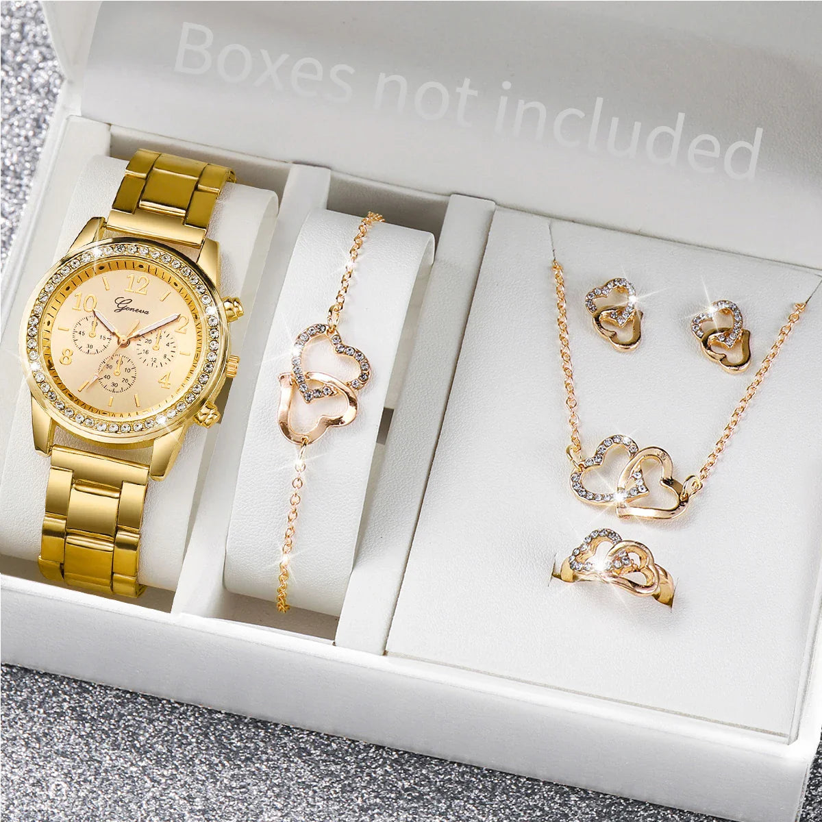 6 pezzi/set orologio da donna moda strass cinturino in acciaio inossidabile orologio al quarzo doppio cuore set di gioielli (senza scatola)