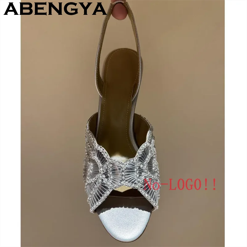 2026 Summer Trendy New Shiny Fish Mouth Toe Sexy Stiletto Sandals Woman Quality Sequined Thin High Heel Slippers for Women Shoes