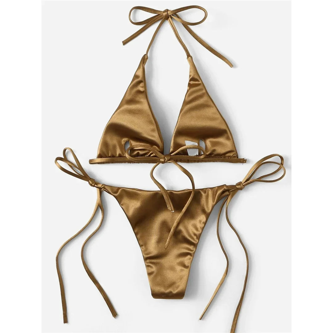 Sexy 13 colori Halter Satin Bikini brasiliano Donna Costumi da bagno Costume da bagno femminile Bikini a due pezzi Bagnante Costume da bagno Swim V4966