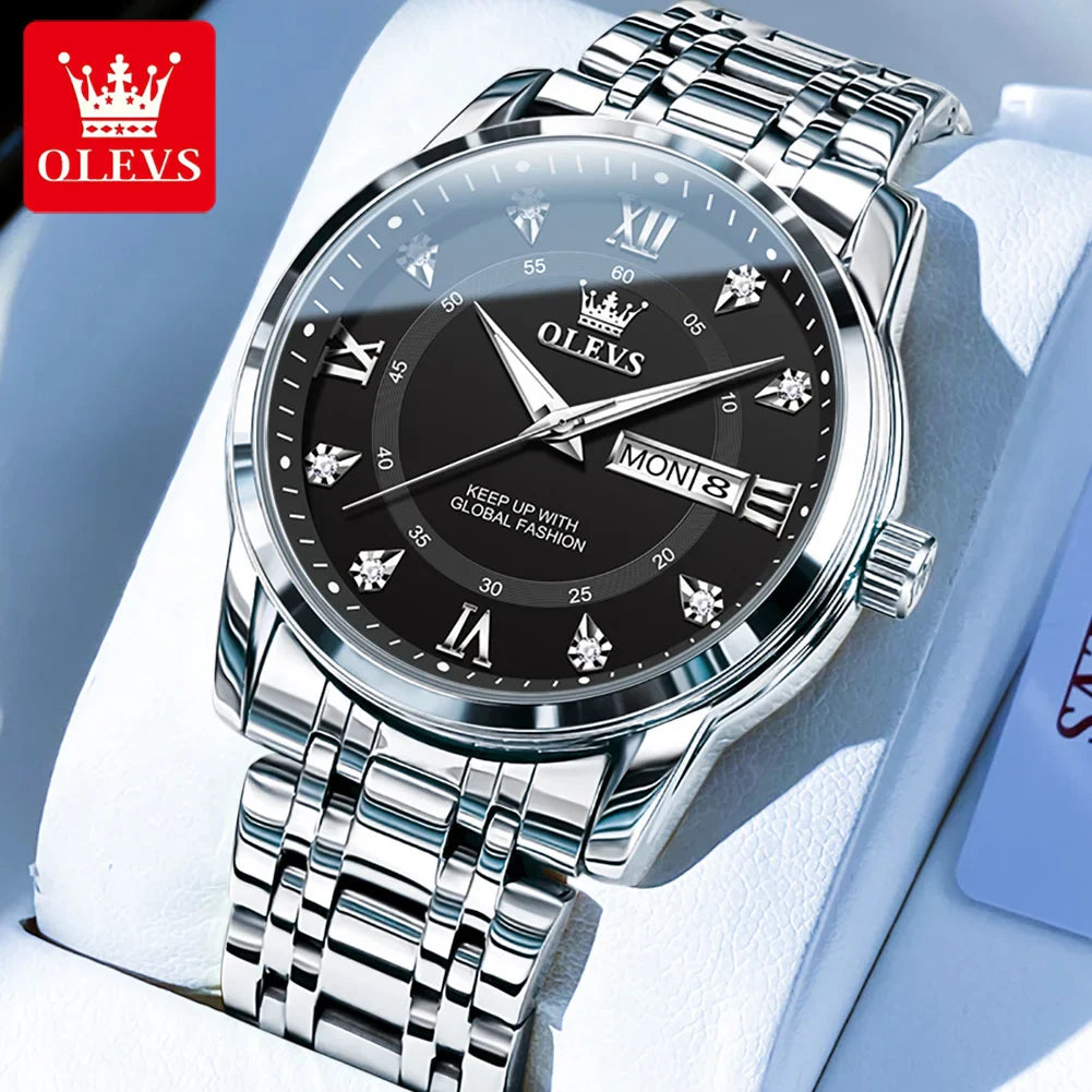 OLEVS 5513 Orologio da uomo Orologio luminoso impermeabile al quarzo originale di marca di moda per uomo Scatola per orologio con doppio calendario in acciaio inossidabile