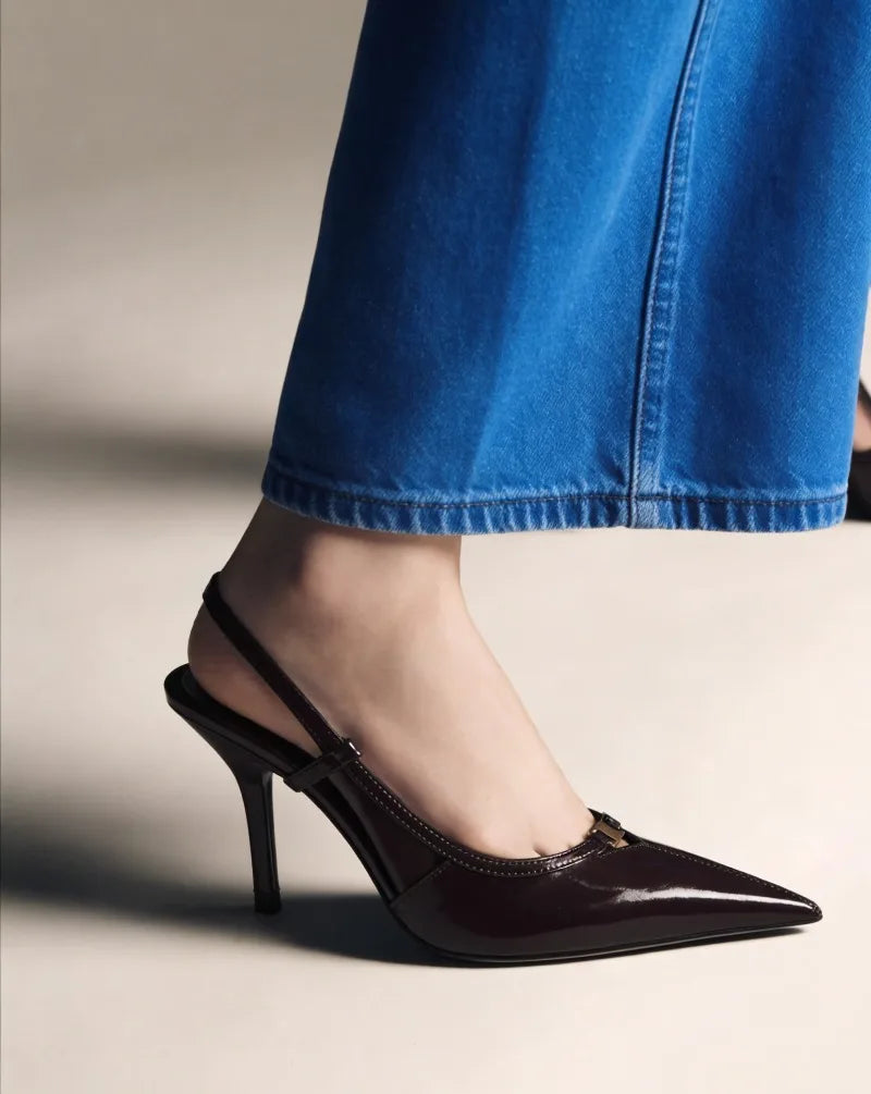 2026 Fashion Metal Decoration Stiletto Pumps Women Luxury Patent Leather Pointed Toe High Heels Sexy Slingback Designer Shoes