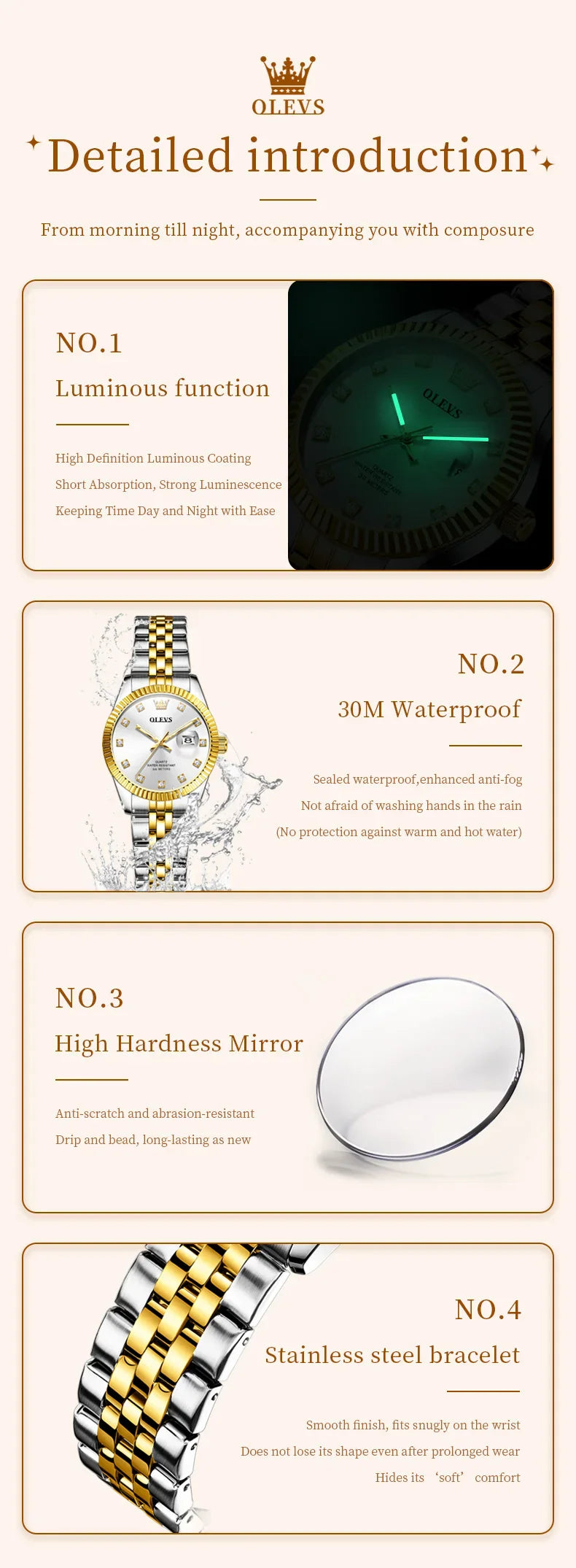 OLEVS 3705 Orologio da donna 30M Orologio al quarzo con data impermeabile per donna Orologio da donna di lusso con scala di diamanti a specchio ad alta durezza