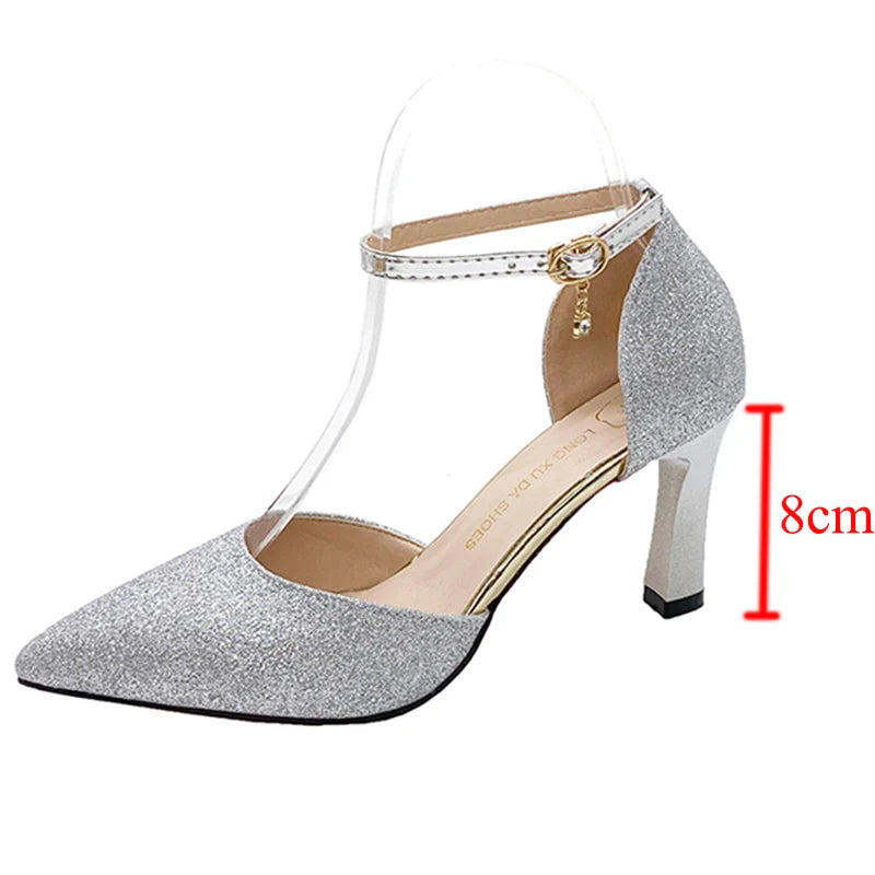 Bling Gold Silver Women Pumps 2023 Sexy Point Toe Thin Heel Party Wedding Shoes Womens Summer Ankle Strap 8cm High Heels Shoes