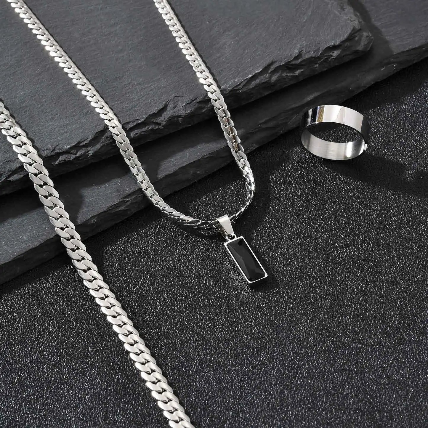 Elegante Set di Gioielli da Uomo con 3 Pezzi, Catena Cubana Piatta, Ciondolo Geometrico in Acciaio Inox con Pietra, Gioielli Hip Hop, Regalo per Lui
