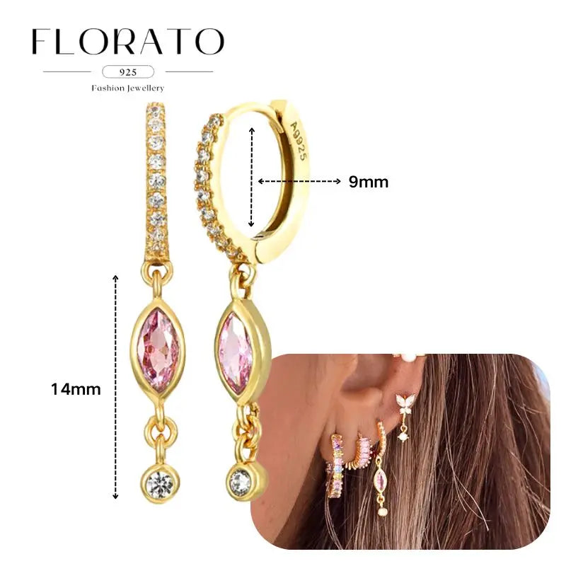 Lussuosa geometria 925 orecchio in argento sterling Ago rosa serie zircone orecchini a cerchio pendenti dolce moda regali di gioielli da sposa