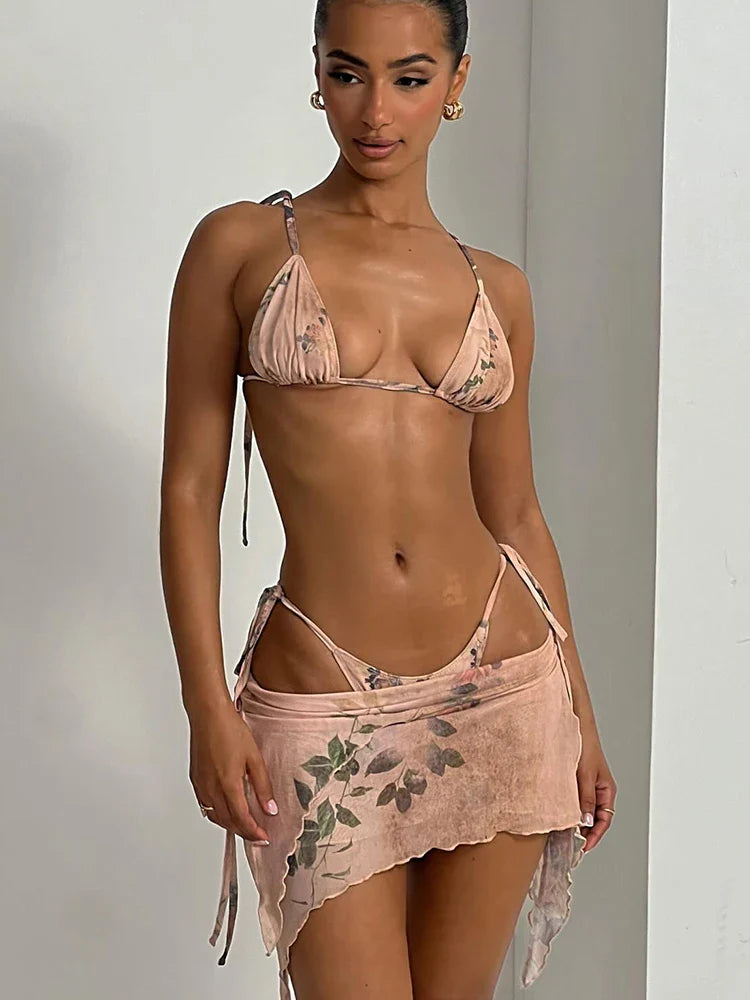 Miyouj Bikini Stampato con Fascia 2026, Costume da Bagno a Triangolo Tre Pezzi a Vita Bassa, Biquini Donna, Abbigliamento da Mare Estivo