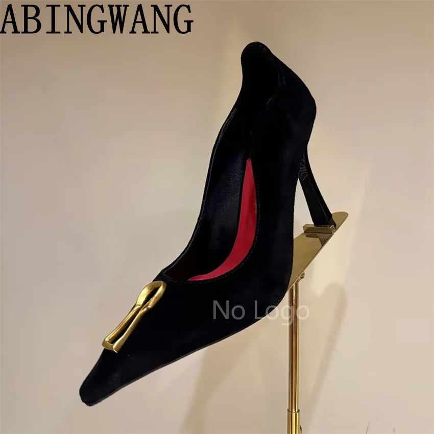 High Quality Leather Thin Heel Pumps Slip On Pointed Toe Suede Metal Shoes Women Sexy Party Sandals For Women Mujer