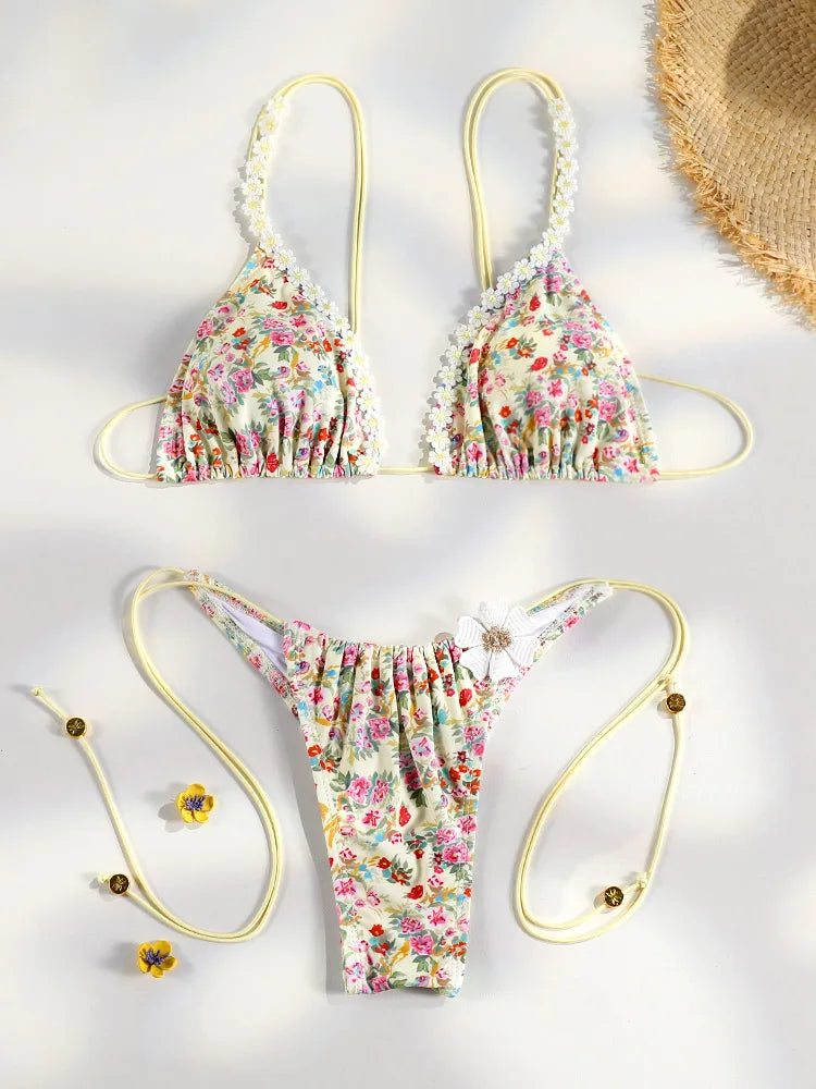 Set Bikini Triangolo Sexy Micro Thong, Costume da Bagno Donna, Biquini con Lacci, Abbigliamento da Spiaggia Stampato, Bikini Thong