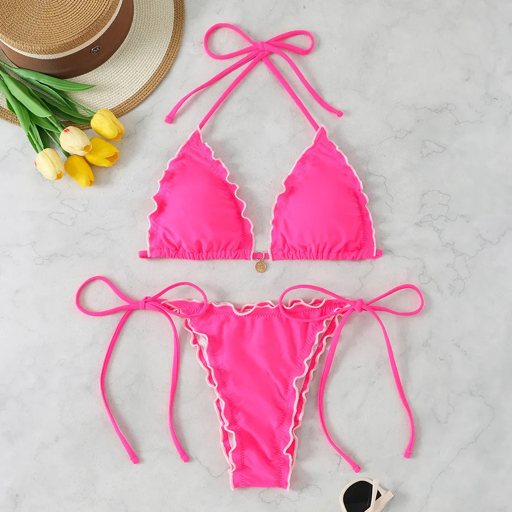 Micro Bikini Donna Due Pezzi Sexy Plissettato Costume da Bagno Femminile 2026 con Lacci Set Bikini da Spiaggia con Perizoma