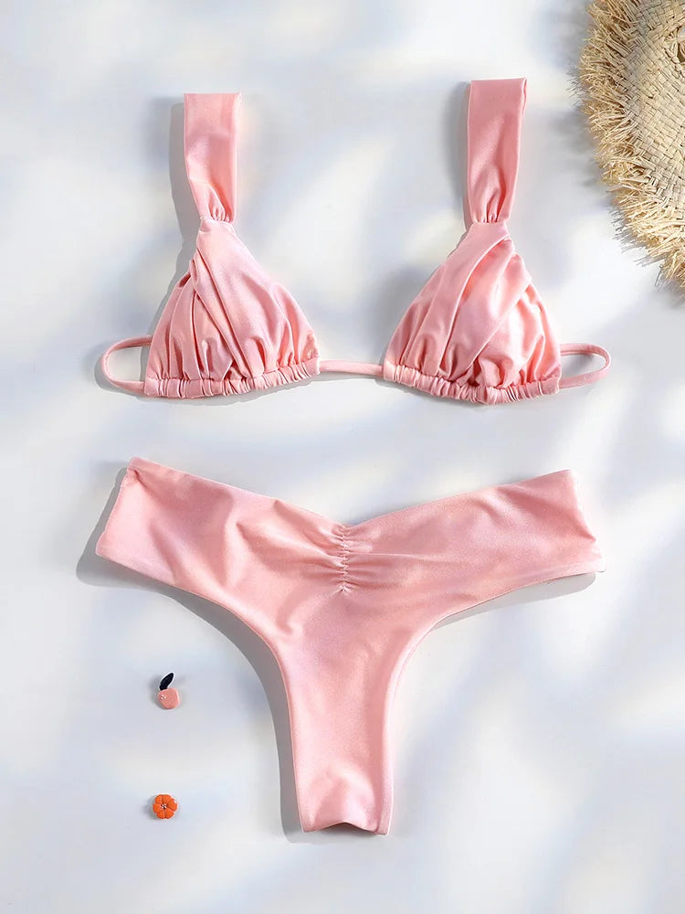Set Bikini Sexy con Pieghe, Micro Bikini Tinta Unita, Costume da Bagno Femminile a Triangolo, Abbigliamento da Spiaggia