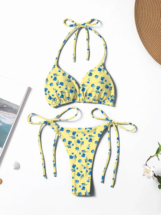Nuovo Stile Bikini Due Pezzi da Donna Stampato, Fresco e Alla Moda, con Laccetti al Collo, Sexy e Trendy