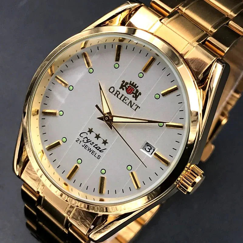 Orient Double Lion Classic Watch Series Orologio da uomo con cinturino in acciaio inossidabile Tourbillon meccanico automatico multifunzione di lusso