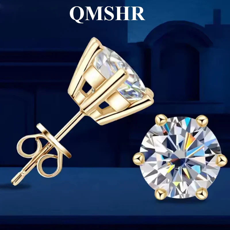 Orecchini a lobo QMSHR con moissanite da 0,5-2 carati, placcati oro giallo 18K, in argento 925, per matrimonio, gioielli da donna e uomo con certificato GRA
