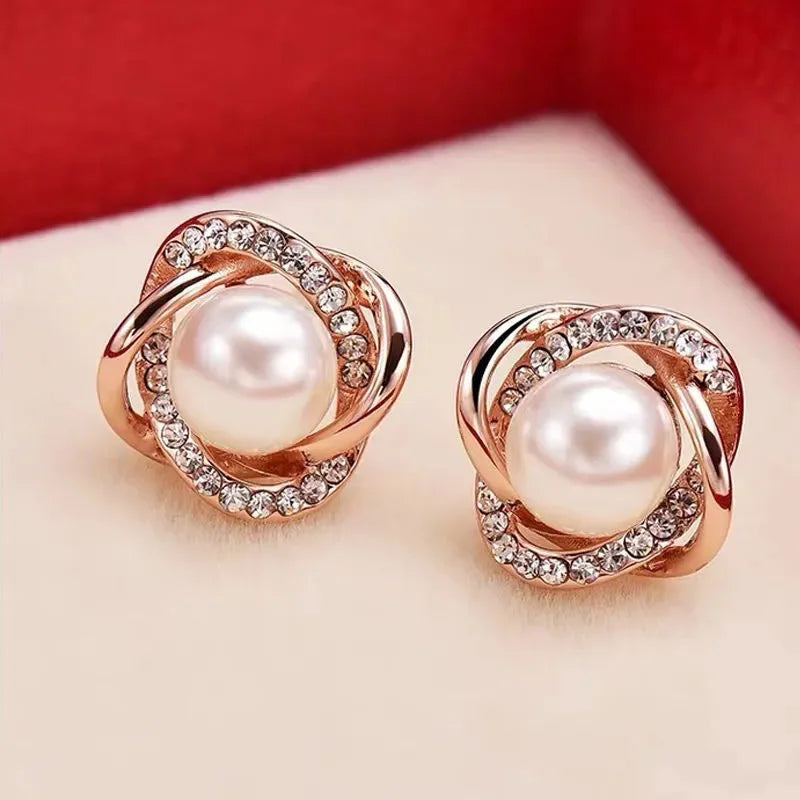 Gioielli in oro 14k di lusso Orecchini in oro reale Zircone Perla Twist Orecchini a bottone di lusso per le donne Brincos Pendientes Bijoux