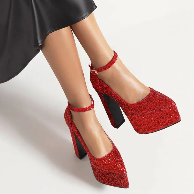 Ochanmeb Bling Bling Silver Gold Glitter Shoes Woman Ultra High Heels Platform Buckle Sequin Red Pumps Ladies Party Prom Wedding