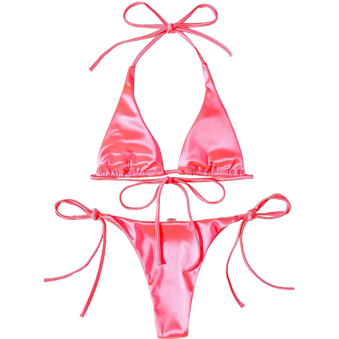 Sexy 13 colori Halter Satin Bikini brasiliano Donna Costumi da bagno Costume da bagno femminile Bikini a due pezzi Bagnante Costume da bagno Swim V4966