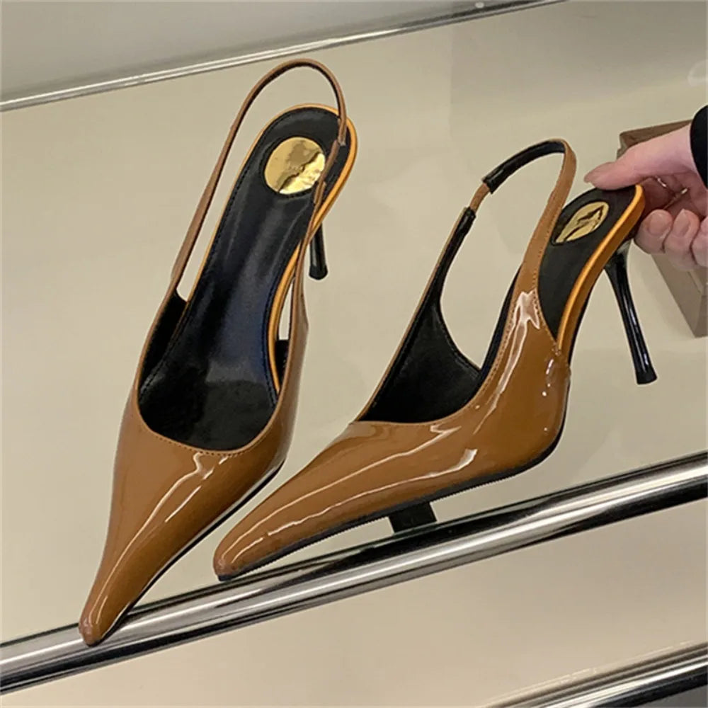 Eilyken Spring Fashion Sexy Thin Heels Pointed Toe Pumps Women Mule Shoes Elegant Patent Leather Banquet Striptease Sandals