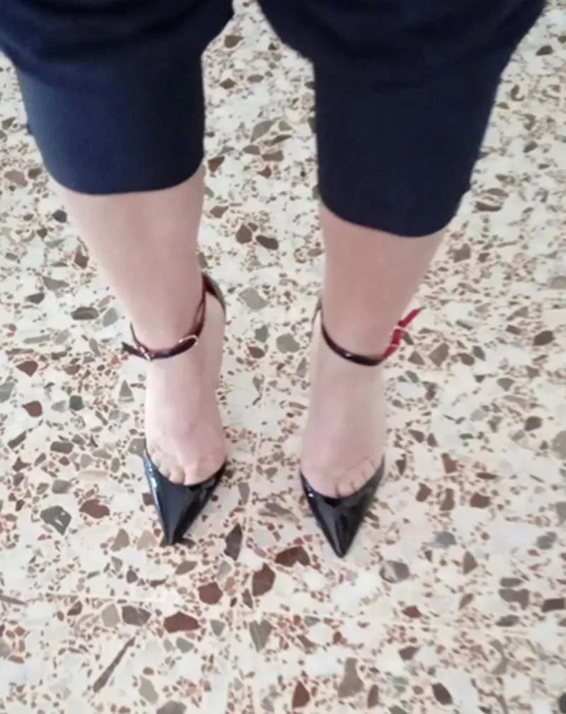 Black Patent Leather Women Ankle Strap Stiletto Pumps Pointed Toe Sexy High Heel Shoes 8cm 10cm 12cm Customize 33-46