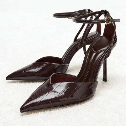 Designer Burgundy Red Ankle Strap Pumps Women Sexy Pointed-Toe Patent Leather High Heels for Ladies Elegant Party Dress Shoes