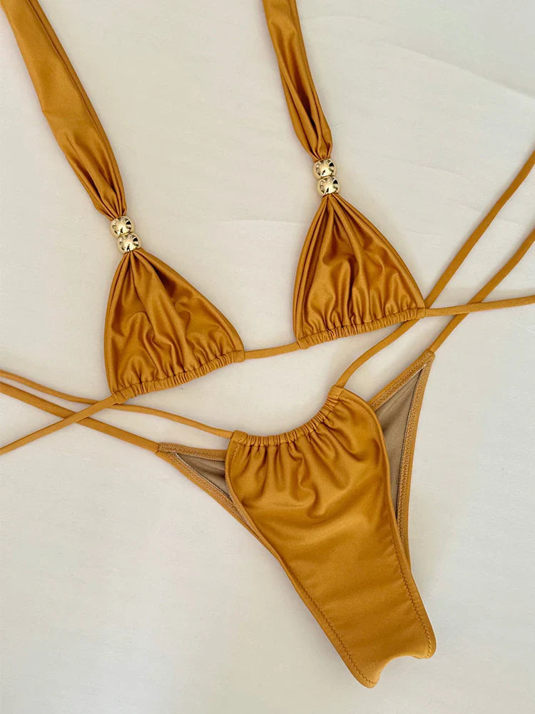 2025New Sexy a vita bassa Micro Bikini Set Costumi da bagno Donna Costume da bagno Solido brasiliano con spalline Halter Beachwear Costume da bagno biquini