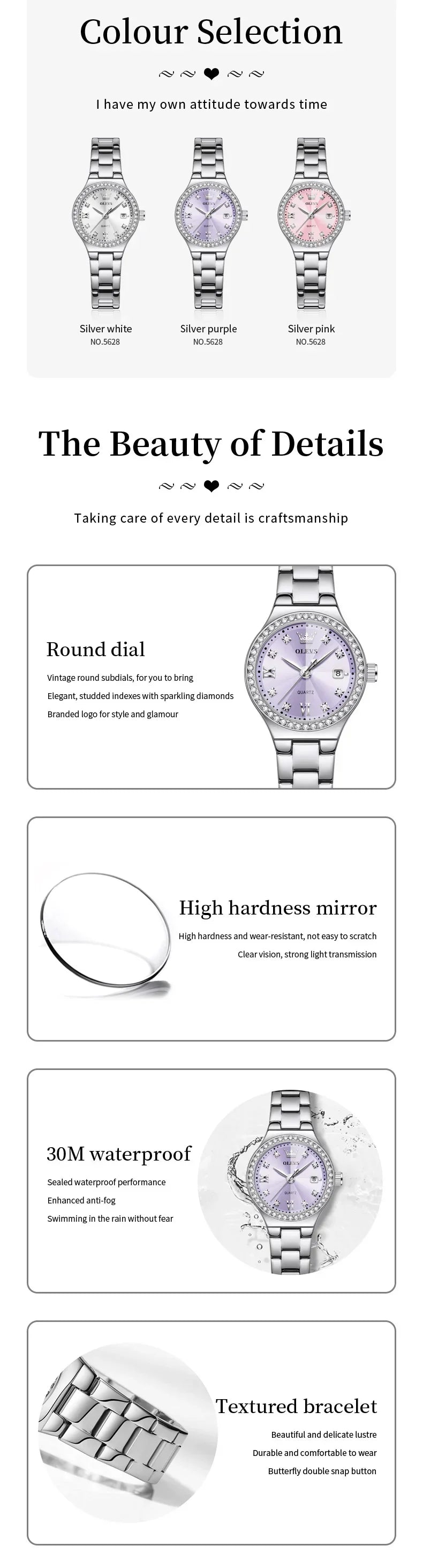 OLEVS 5628 Orologio al quarzo da donna Orologio da polso impermeabile luminoso in acciaio inossidabile con scala di diamanti e funzione data