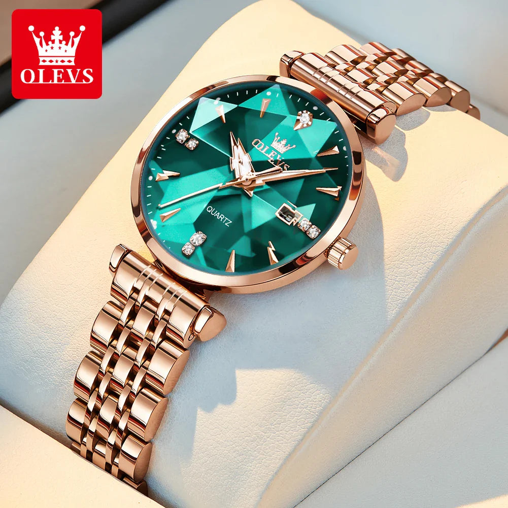 OLEVS 5536 Orologio da donna al quarzo con diamanti di marca di lusso Moda elegante orologio da donna impermeabile in oro rosa con bracciale Set Reloj Mujer
