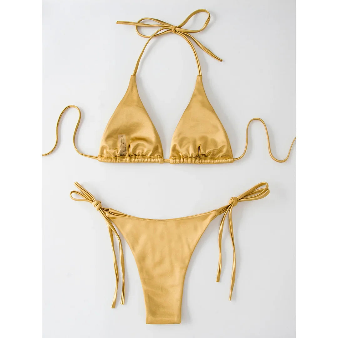 Sexy 13 colori Halter Satin Bikini brasiliano Donna Costumi da bagno Costume da bagno femminile Bikini a due pezzi Bagnante Costume da bagno Swim V4966