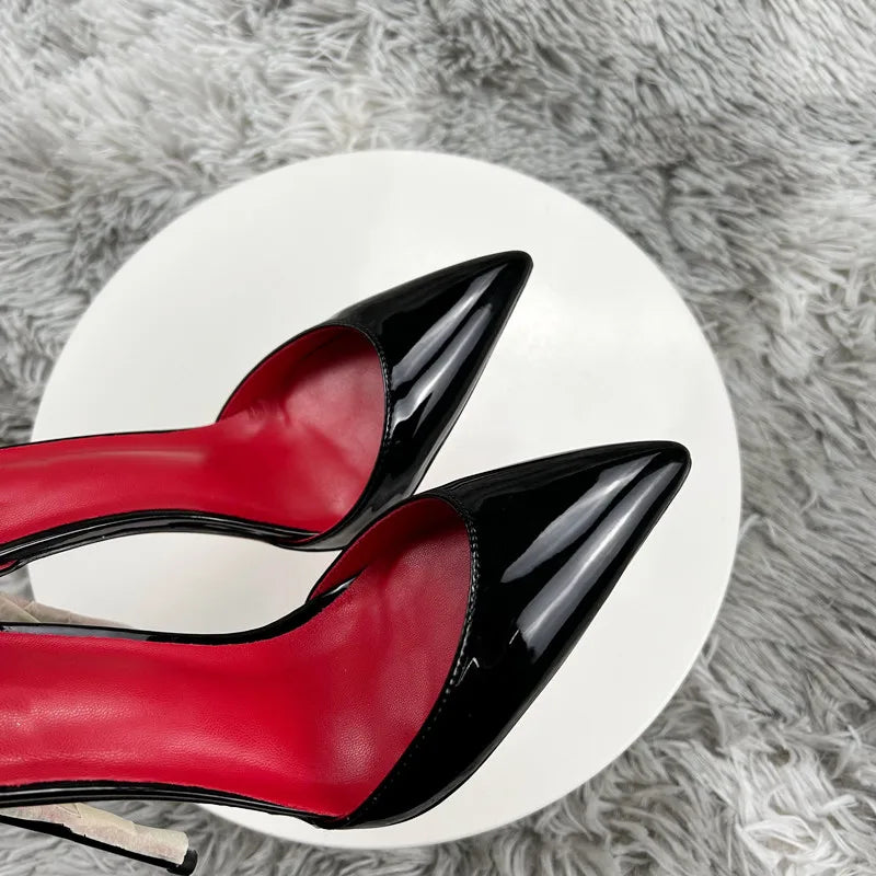 Black Patent Leather Women Ankle Strap Stiletto Pumps Pointed Toe Sexy High Heel Shoes 8cm 10cm 12cm Customize 33-46