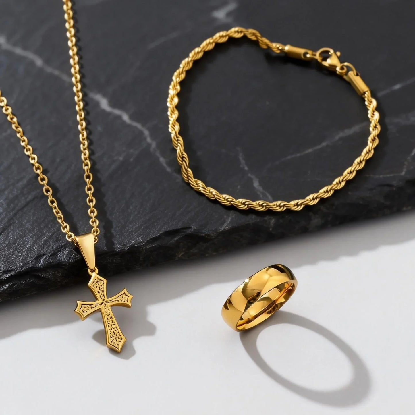 Set di Gioielli Hip Hop da Uomo 3 Pezzi, Ciondolo a Croce in Acciaio Inossidabile, Bracciale con Catena a Corda Intrecciata, Set di Gioielli Regalo per Papà, Figlio, Marito
