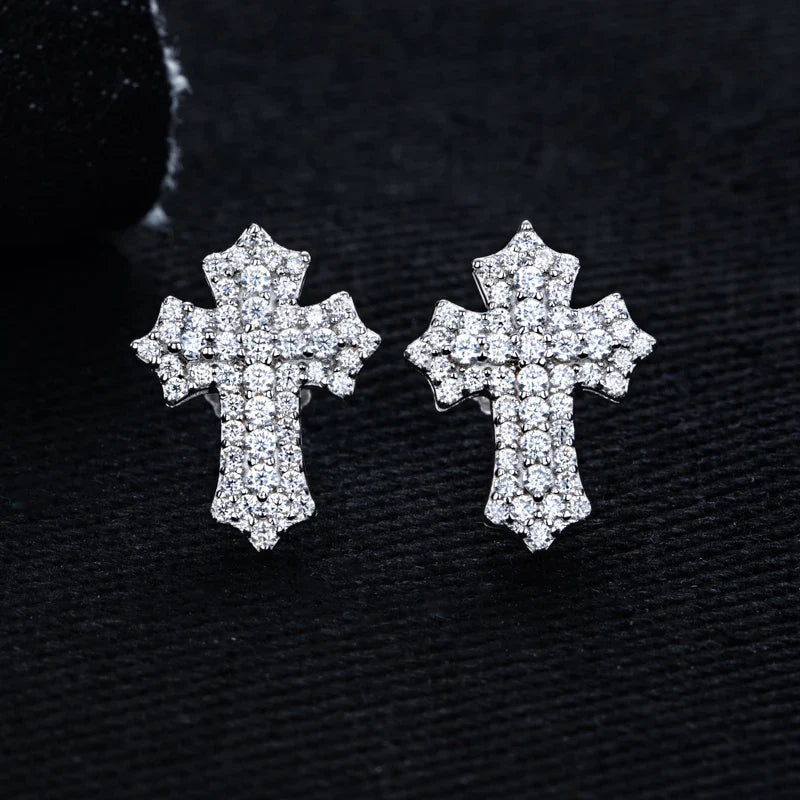 MossanRappr 0.78cttw Moissanite Iced out Croce Orecchini a bottone in argento sterling 925 D Colore Gioielli eleganti e alla moda per uomo
