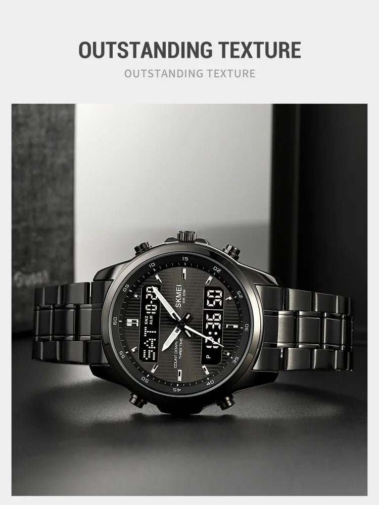 Skmei orologio da polso analogico al quarzo da uomo cinturino in acciaio inossidabile di lusso Led impermeabile digitale sportivo sveglia a tre fusi orari