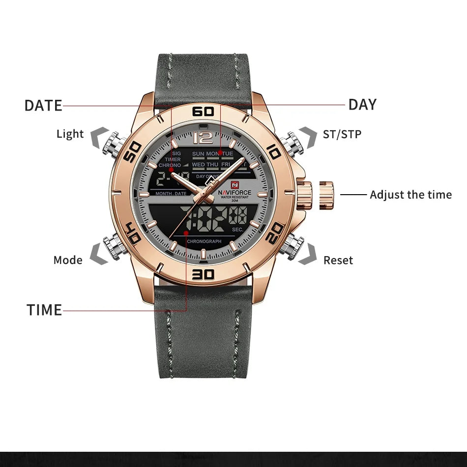NAVIFORCE Orologio alla moda da uomo con cinturino in vera pelle Movimento al quarzo resistente all'acqua 30M Display luminoso con giorno e data F