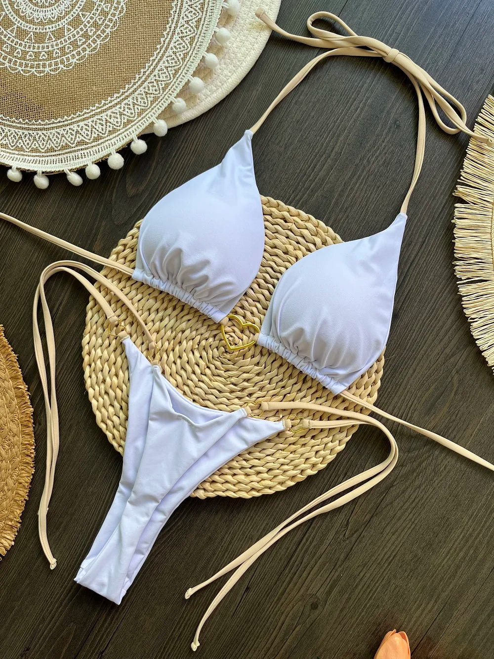 Costume da bagno bikini sexy da donna a tinta unita, due pezzi, rosso