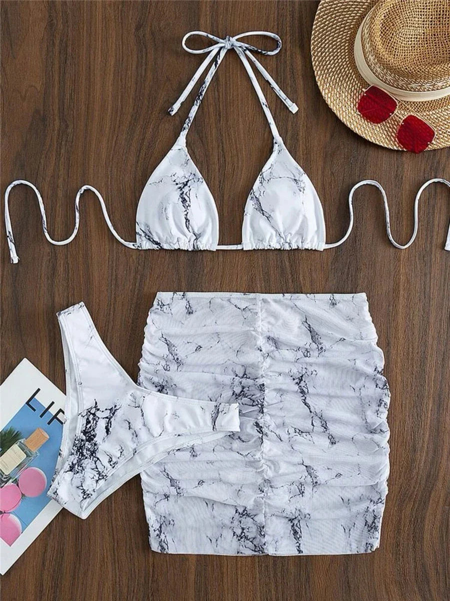 3 pezzi perizoma Bikini con gonna marmo texture costume da bagno donna costume da bagno Set costumi da bagno femminili abbigliamento da spiaggia nuoto estate