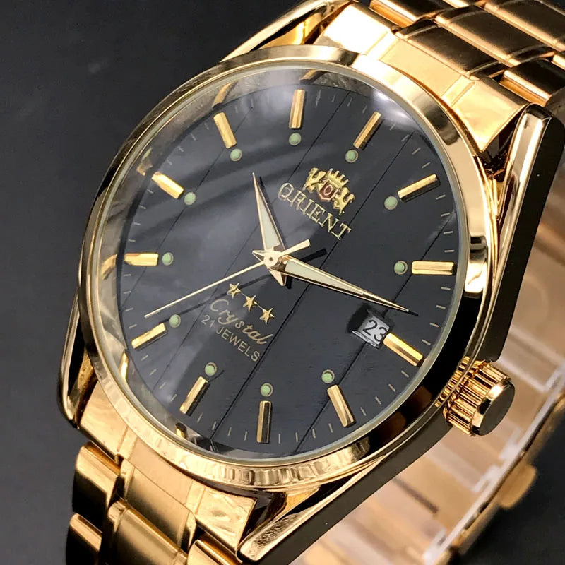 Orient Double Lion Classic Watch Series Orologio da uomo con cinturino in acciaio inossidabile Tourbillon meccanico automatico multifunzione di lusso