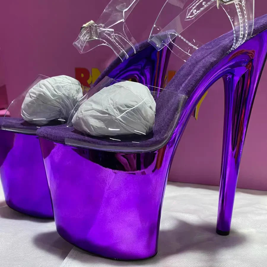 Glossy electroplated Cross dressing 8 inches high heel Stripper 20cm sandals  Clear Exotic Sexy platform pole Dance Sexy womens