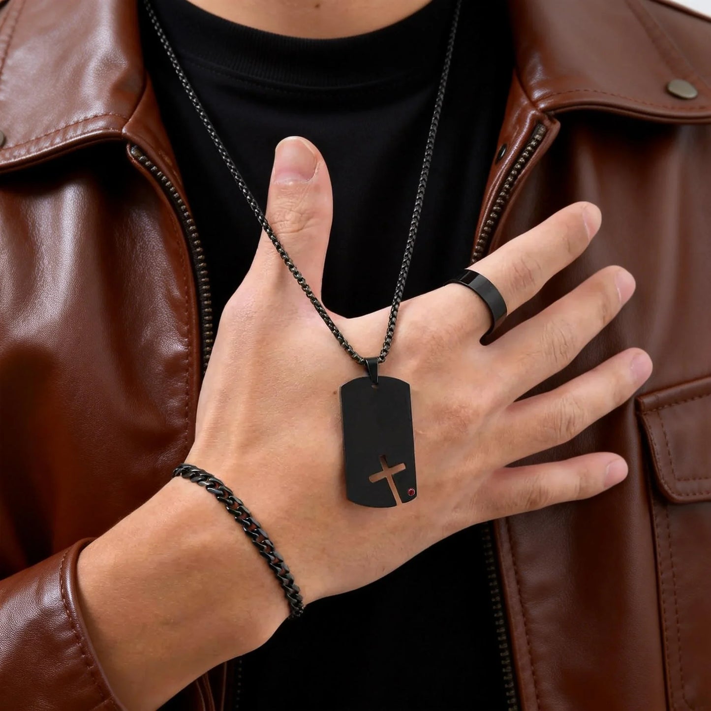 Set di 3 Pezzi: Collana Dogtag per Uomini e Ragazzi, Bracciale con Catena Cubana in Acciaio Inossidabile, Set di Anelli Impermeabili Regalo