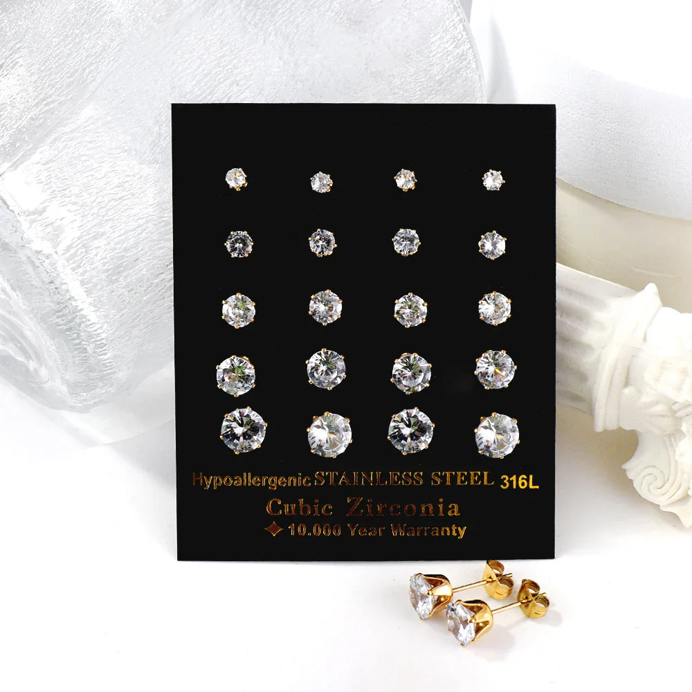 LUXUSTEEL 10 paia/set 3-10mm Orecchini in cristallo bianco trasparente per donna uomo Acciaio inossidabile Zircone CZ Piercing all'orecchio all'ingrosso