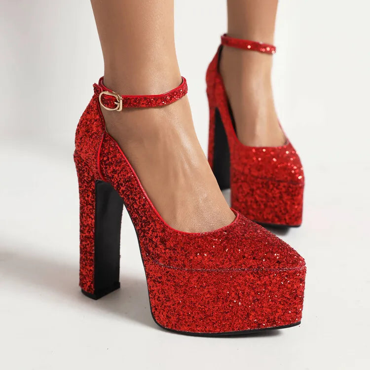 Ochanmeb Bling Bling Silver Gold Glitter Shoes Woman Ultra High Heels Platform Buckle Sequin Red Pumps Ladies Party Prom Wedding