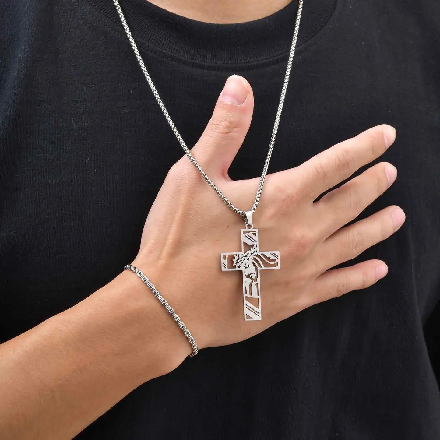 Vnox Set di 2 Pezzi Collana con Ciondolo e Bracciale da Uomo, Set di Gioielli in Acciaio Inossidabile Colore Nero Oro Argento, Regali di Gioielleria alla Moda
